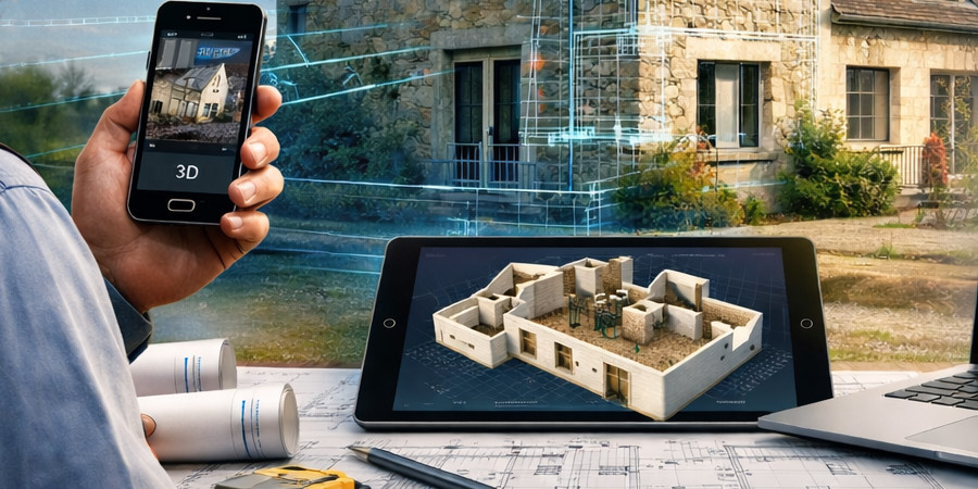 Image illustrant la phase de relevé intérieur d'un bâtiment existant, à l'aide d'un smartphone et une application professionnelle.