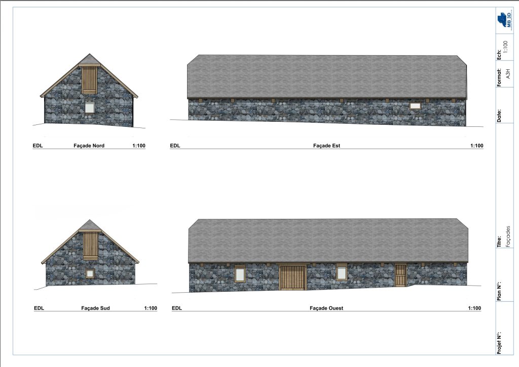 Plan des façades d'une grange, issue d'une modélisation sur archicad à partir d'un relevé extérieur par drone