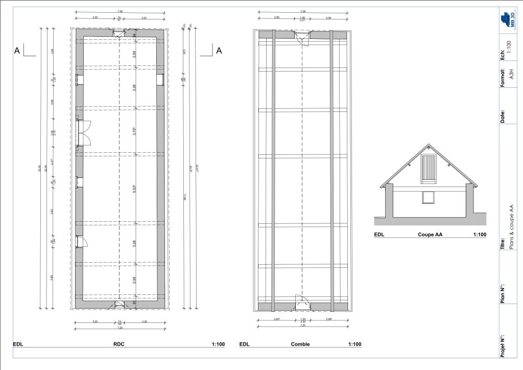 Vue en plan des niveaux et coupe d'une grange, issue d'une modélisation sur archicad à partir d'un relevé extérieur par drone